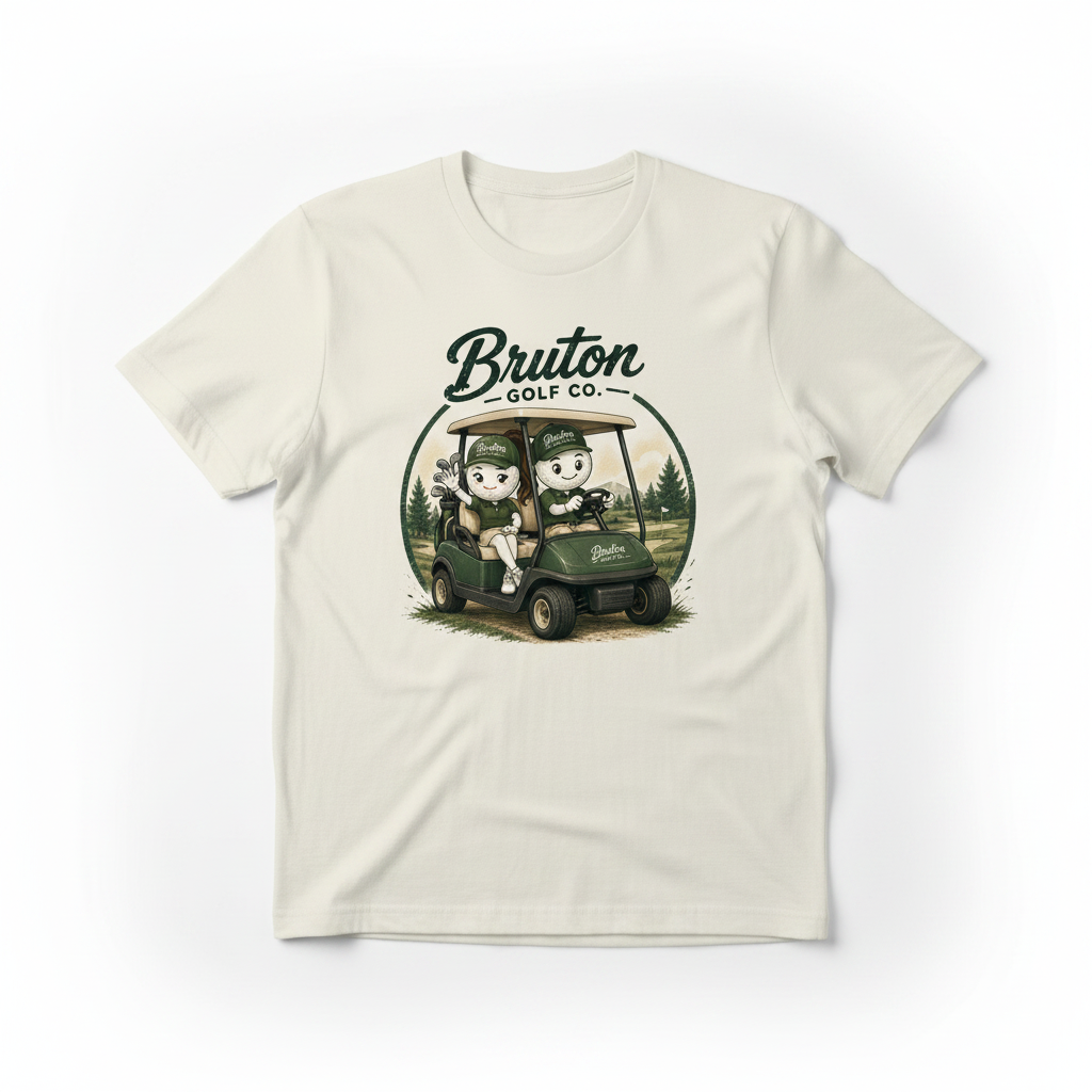 White t-shirt with Bruton Golf Co. golf cart graphic