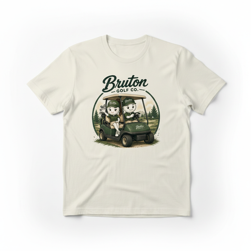 White t-shirt with Bruton Golf Co. golf cart graphic